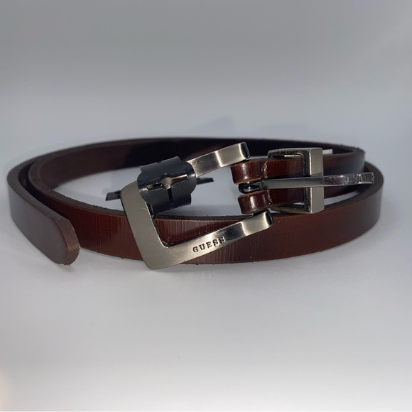 Vintage GUESS Leather Belt Sz L in Tobacco 1/2” Wide Silver Tone Buckle NWT - Picture 1 of 10